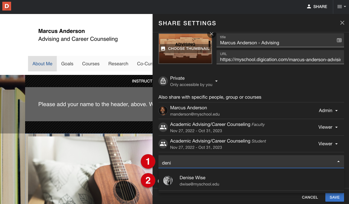 the 'share settings' panel, with numerical guides marking the following: 1, the search box for adding sharing permissions for individuals, groups, or courses; 2, a search result