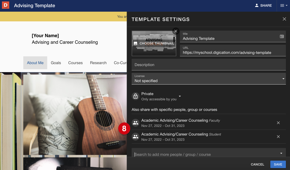he 'template settings' panel, with a numerical guide, 8, marking the two groups added when adding a course to a template's share settings