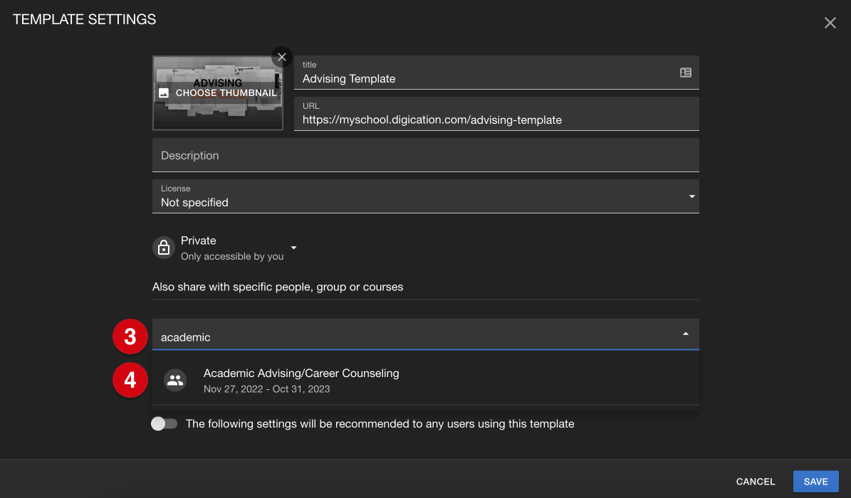 Template Settings, with numerical guides marking the following: 3, the search box, with a search string entered; 4, a search result