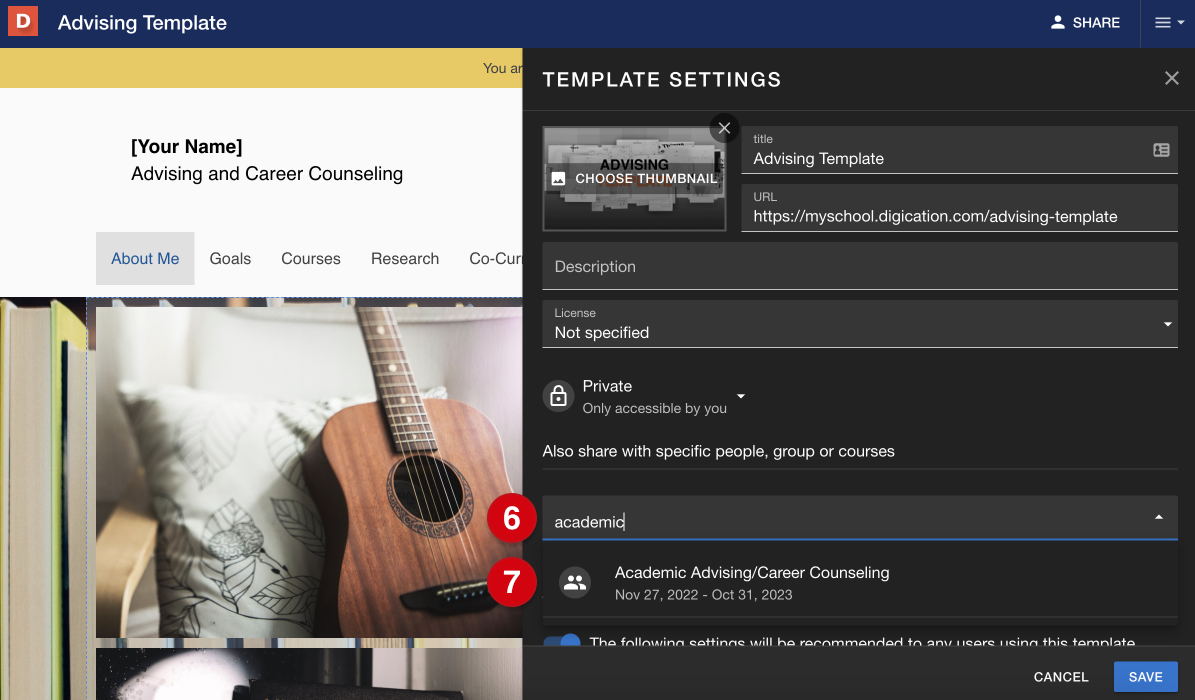 The 'template settings' panel after having clicked 'edit settings'; numerical guides mark the following: 6, the search box for sharing with additional people or groups; 7, a search result