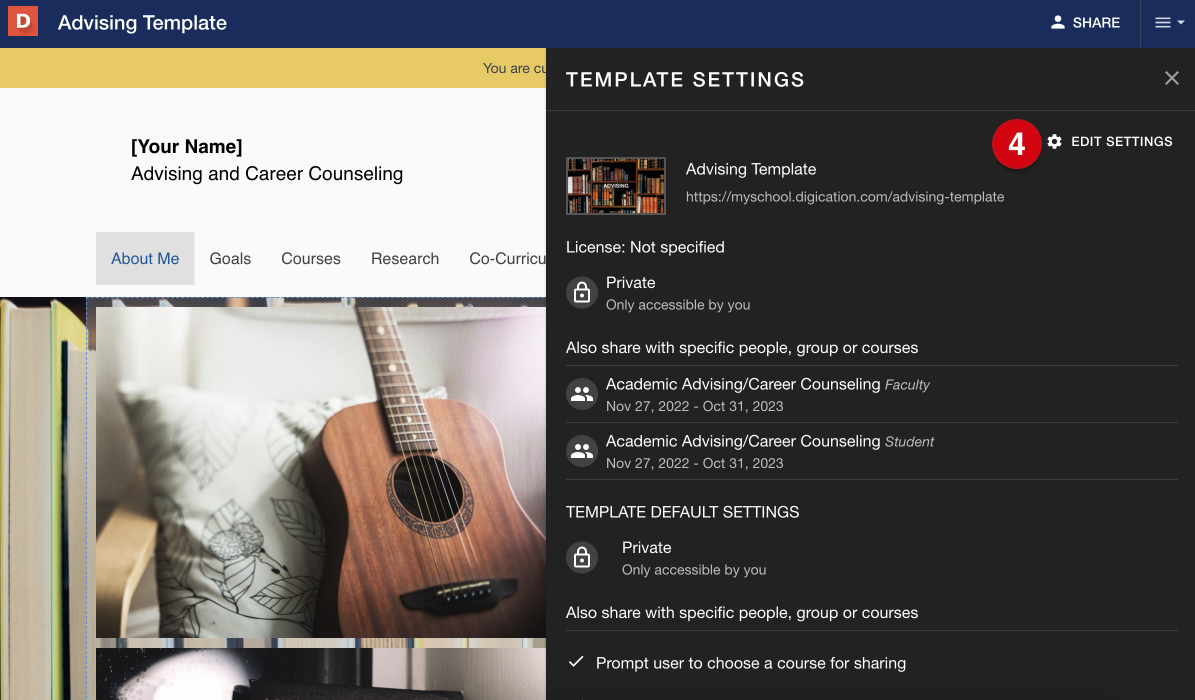 A template with the 'template settings' panel open; a numerical guide, 4, marks 'edit settings.'