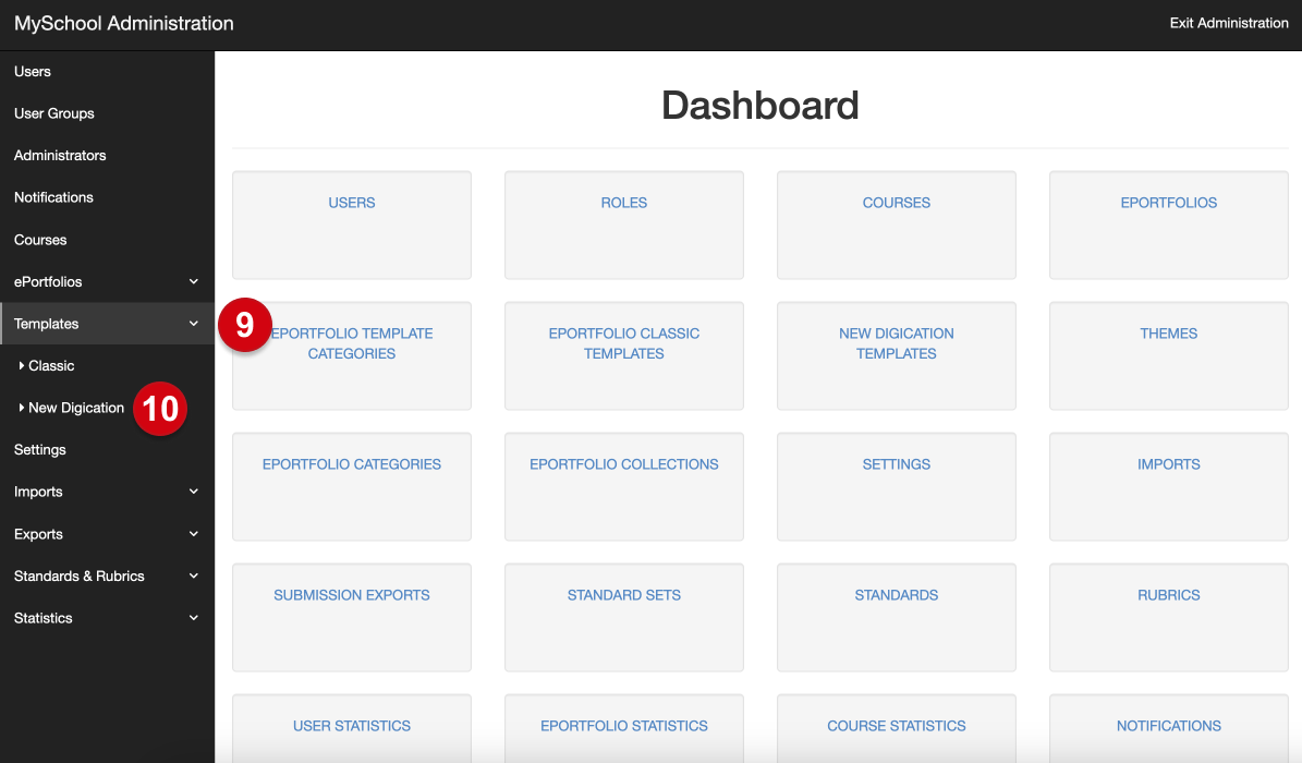 The Administration Beta dashboard, with numerical guides marking the following: 9, 'templates'; 10, 'new digication'