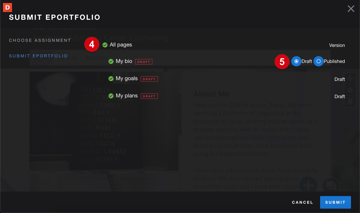 The submit ePortfolio page, with numerical guides marking the following: 4, all pages; 5, draft and published version options, with draft selected by default