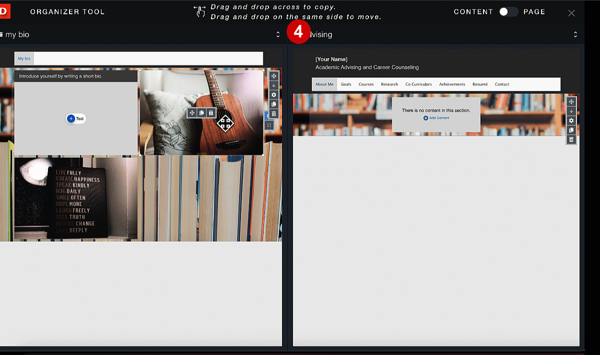 An animated GIF in the Organizer Tool; a cursor clicks on an image module on the left side of the screen and drags the module to the right, copying the module into another ePortfolio