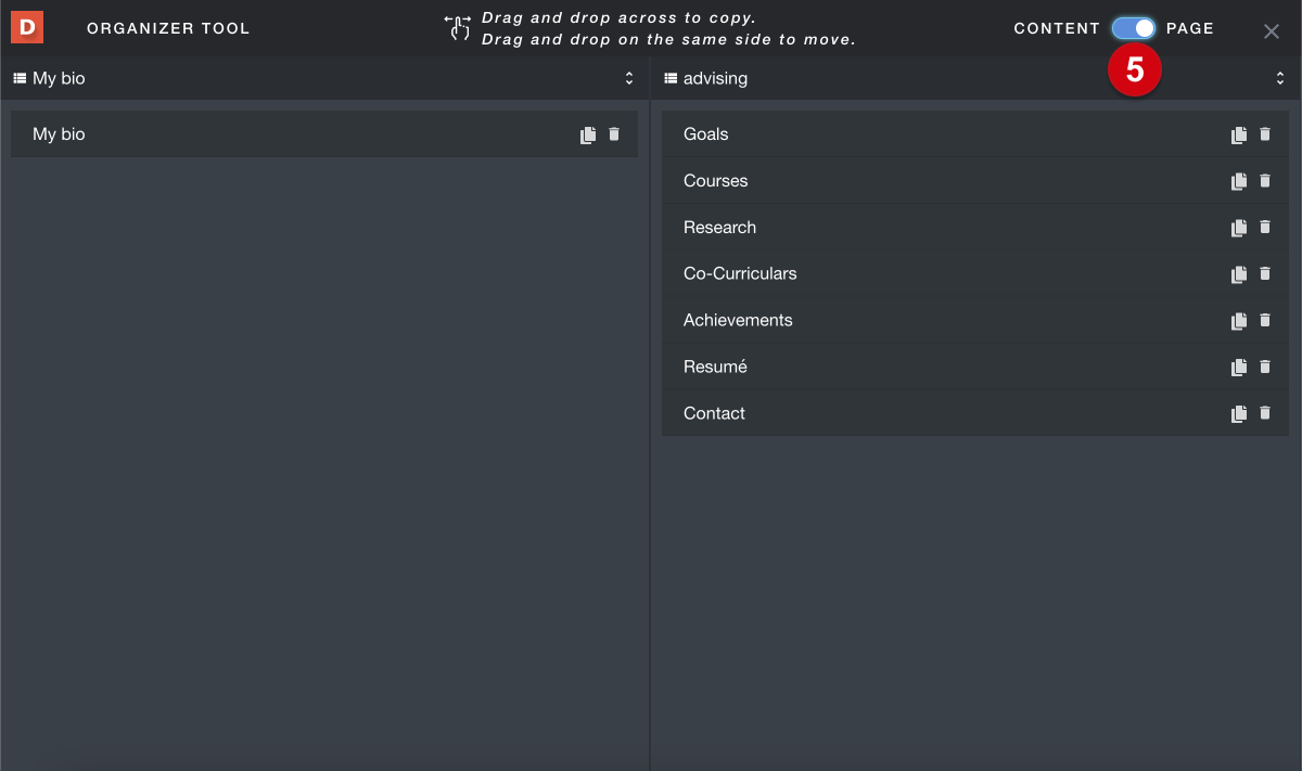 The Organizer Tool page, with a numerical guide, 5, marking the 'content-or-page' toggle, with the toggle set on 'page'