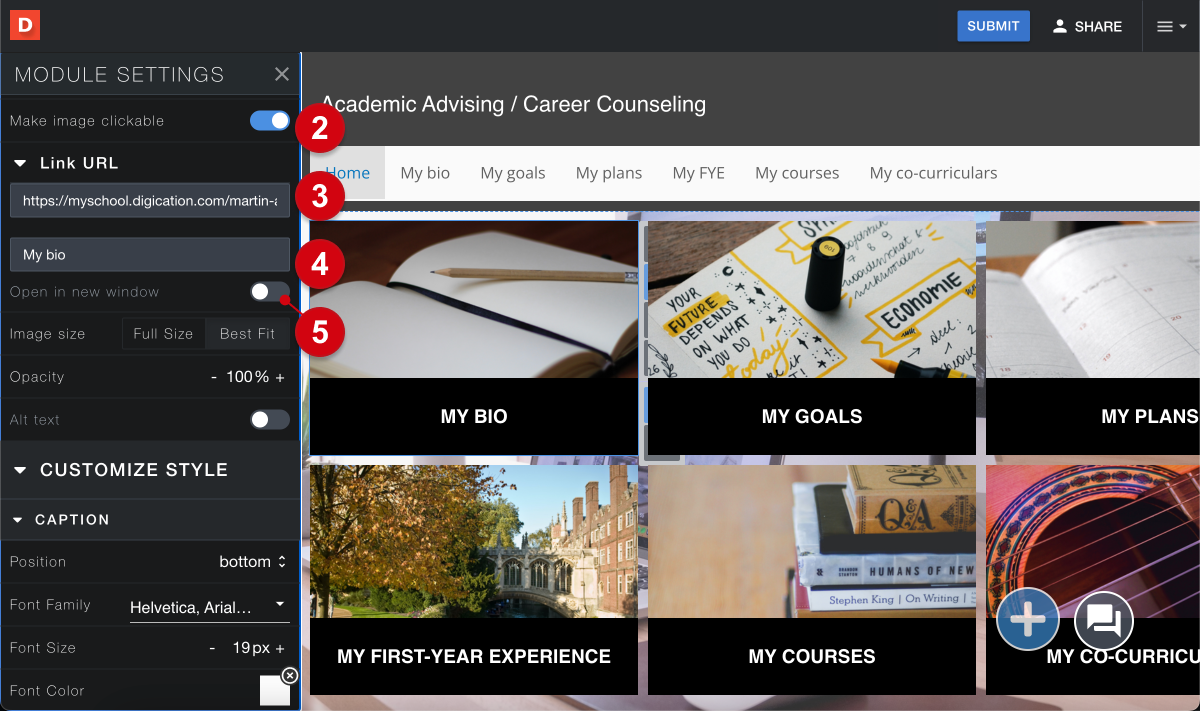 A Digication ePortfolio page, with the Module Settings panel open. Numerical guides mark the following: 2, 'Make image clickable' toggle; 3, the 'Link URL' field; 4, the 'Link Title' field; 5, the 'Open in new window' toggle