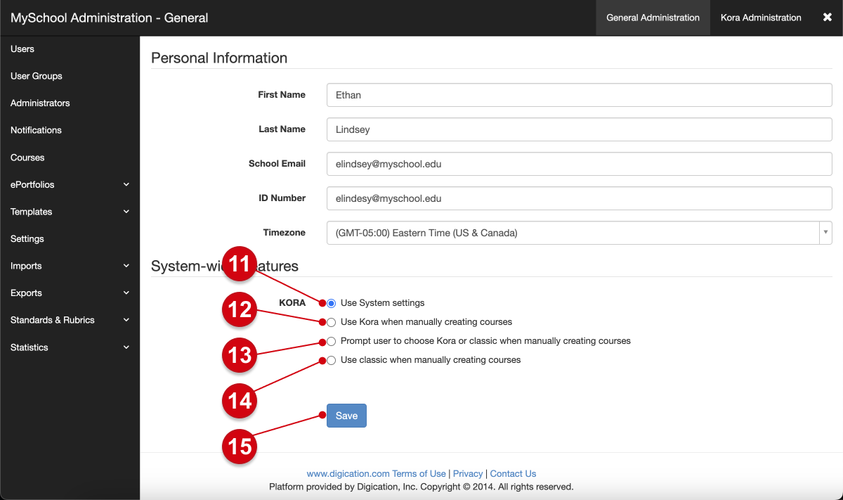 An individual user page, open for editing; numerical guides mark the following: 11, 'Use system settings'; 12, 'Use Kora when manually creating courses'; 13, 'Prompt user to choose Kora or classic when manually creating courses'; 14, 'Use classic when manually creating courses'; 15, 'save'