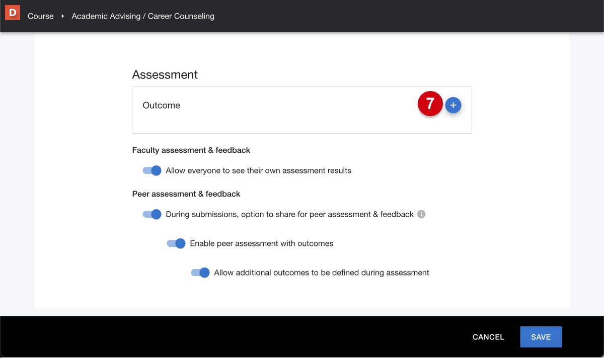 The 'create assignment' page with a numerical guide, 7, marking the 'assessment' section, where outcomes and rubrics can be added