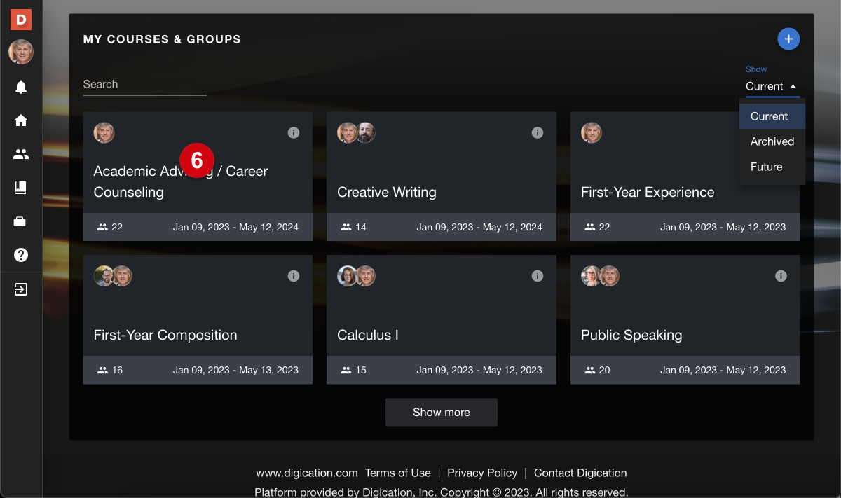 the dashboard's 'my courses and groups' section, with a numerical guide, 6, marking a course