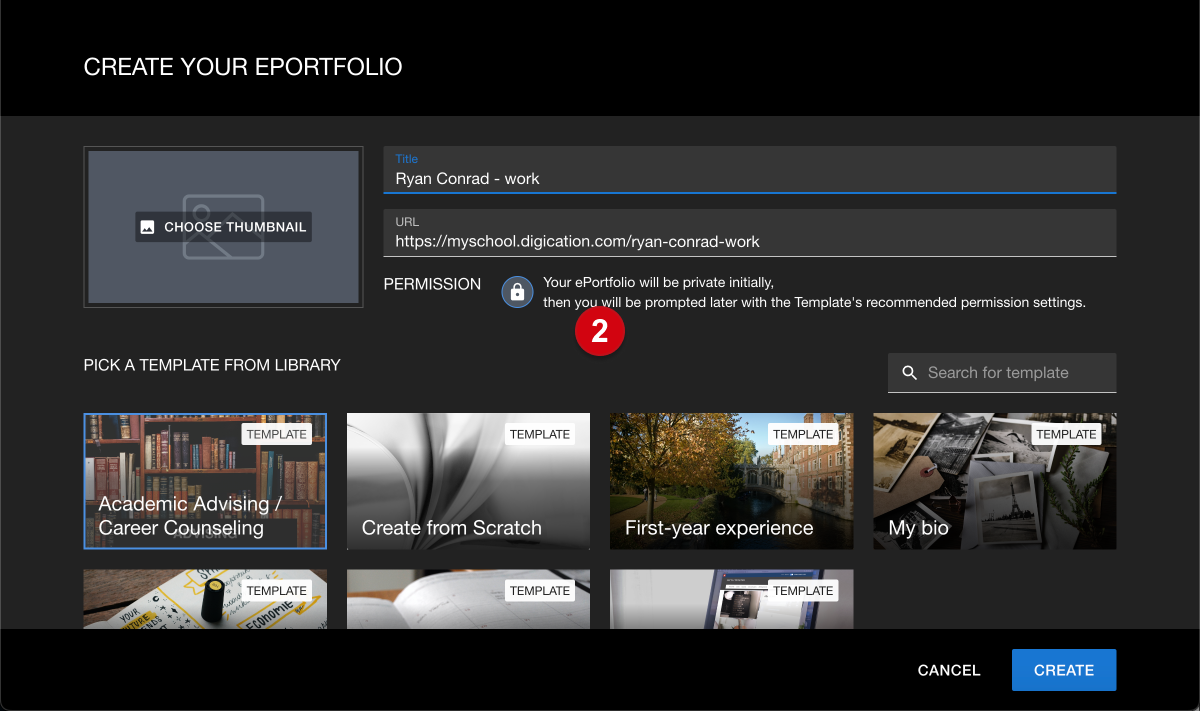 The 'create your ePortfolio' page marked with numerical guide 2