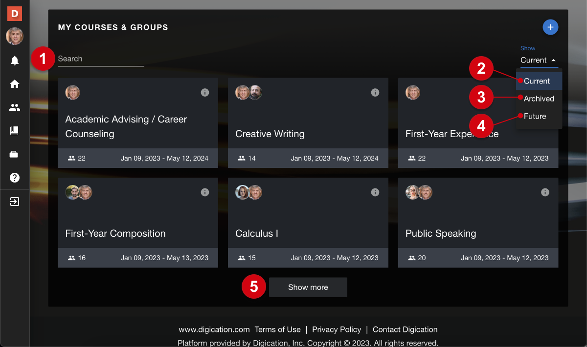 the dashboard's 'my courses and groups' section, with numerical guides marking the following: 1, the search box; 2, 'current'; 3, 'archived'; 4, 'future'; 5, 'show more'