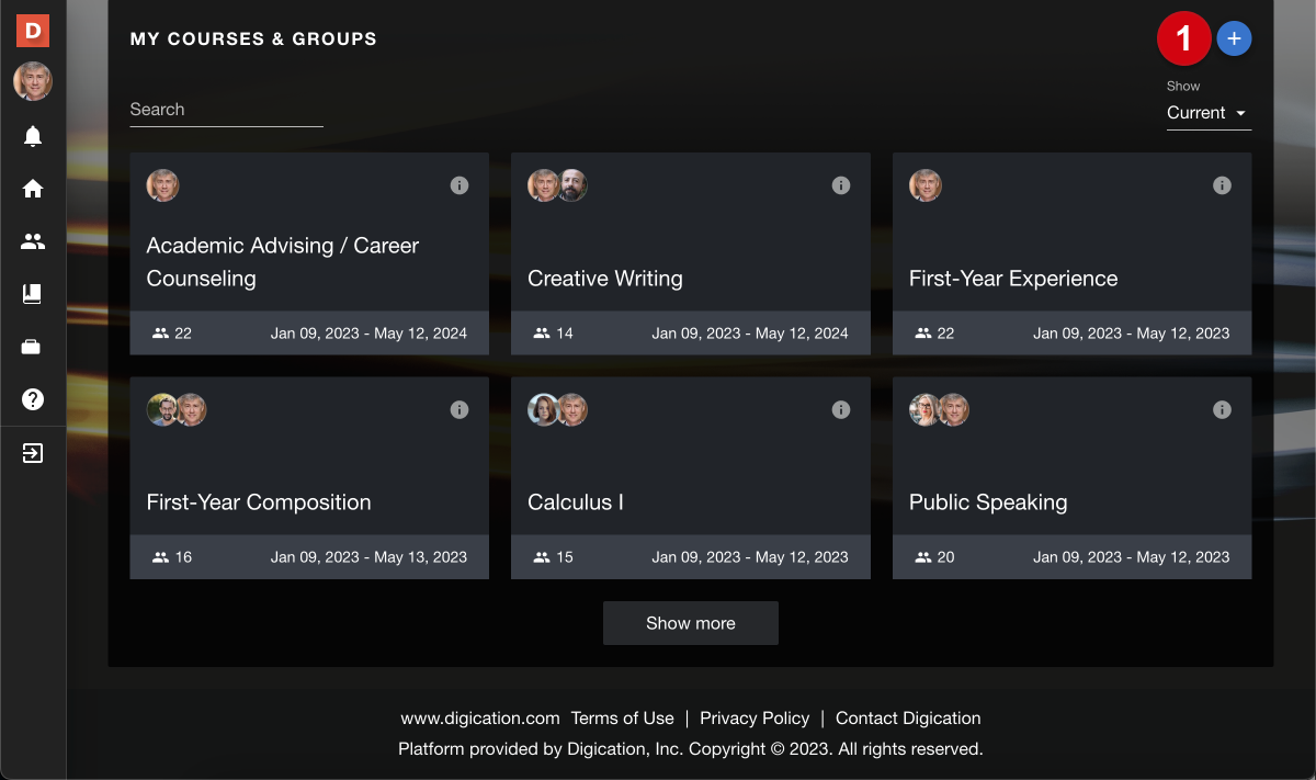 The dashboard 'my courses and groups' section, with a numerical guide, 1, marking 'create course'