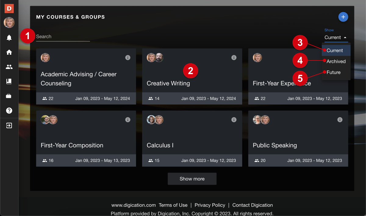 The dashboard 'my courses and groups' section, with numerical guides marking the following: 1, the search box; 2, a course; 3, 'current'; 4, 'archived'; 5, 'future'