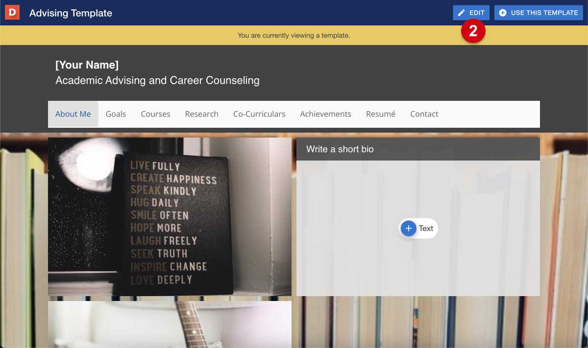 A Digication template, with a numerical guide, 2, marking the 'edit' button