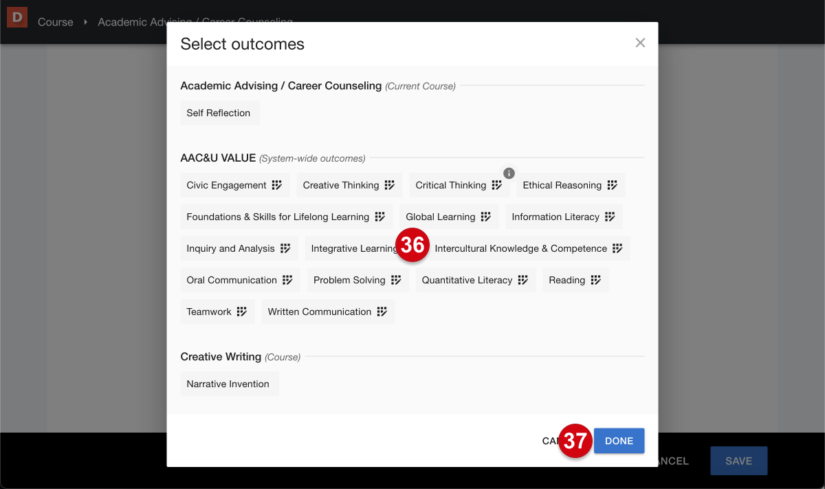 The Digication Kora Assignment and activity creation page's 'select outcomes' page; numerical guides mark the following: 36, selectable outcomes; 37, 'done'