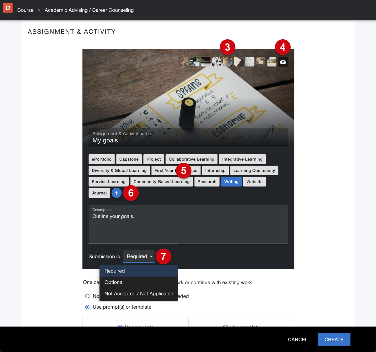 The Digication Kora Assignment and Activity creation page, with numerical guides marking the following: 3, selectable backgrounds; 4, the button for uploading a custom background; 5, selectable assignment types; 6, the button for creating a custom assignment type; 7, the downward arrow that can be clicked to set whether an assignment is required or not required