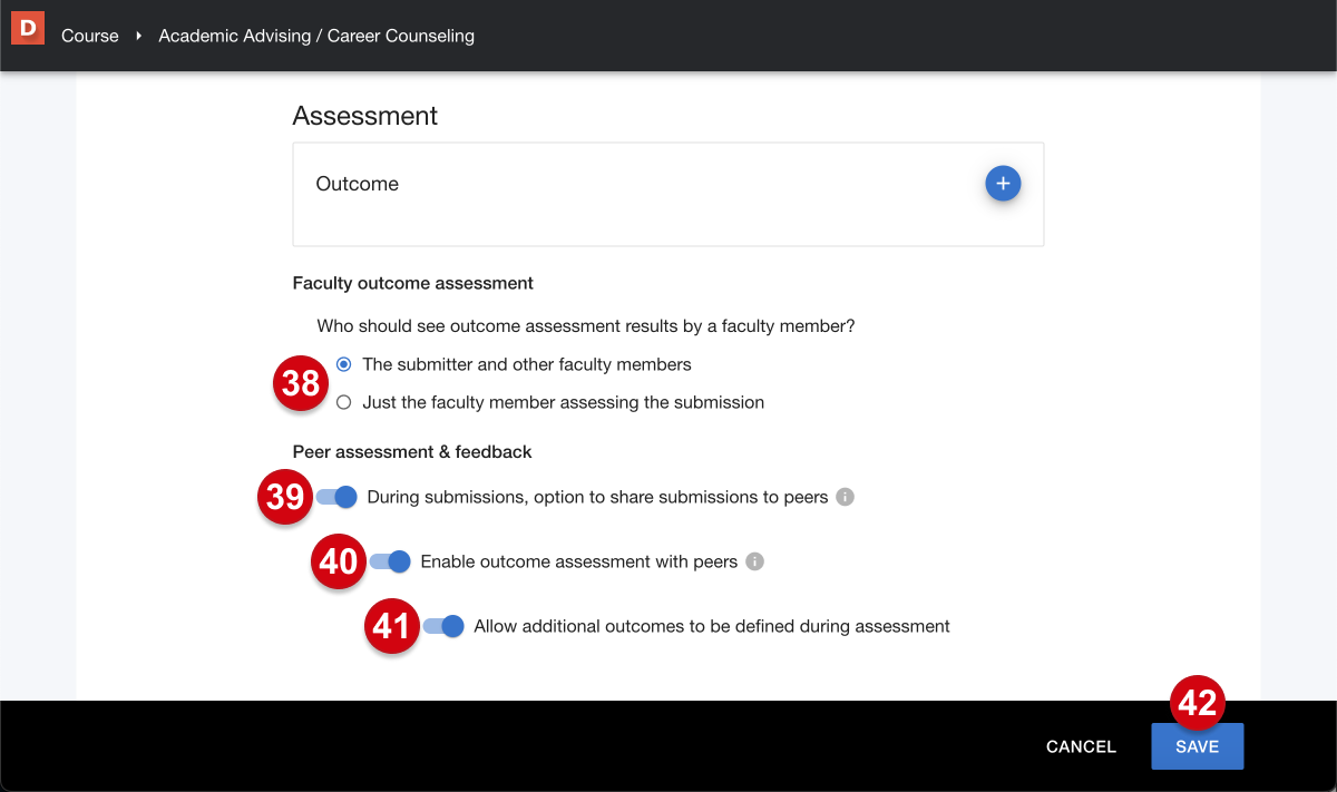 The 'assessment' section of the Digication Kora Assignment and activity creation page; numerical guides mark the following: 38, settings for who can view faculty outcome assessments; 39, 'during submission. option to share submissions to peers' toggle; 40, 'Enable outcome assessment with peers' toggle; 41, 'Allow additional outcomes to be defined during assessment' toggle; 42, 'create'
