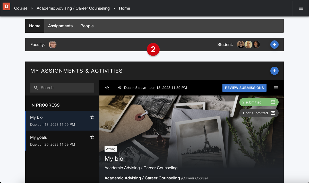 A course home page, with a numerical grade, 2, marking 'My assignments and activities.'