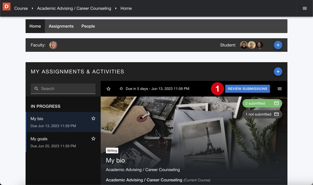 A course home page, with a numerical guide, 1, marking 'Review submissions.'