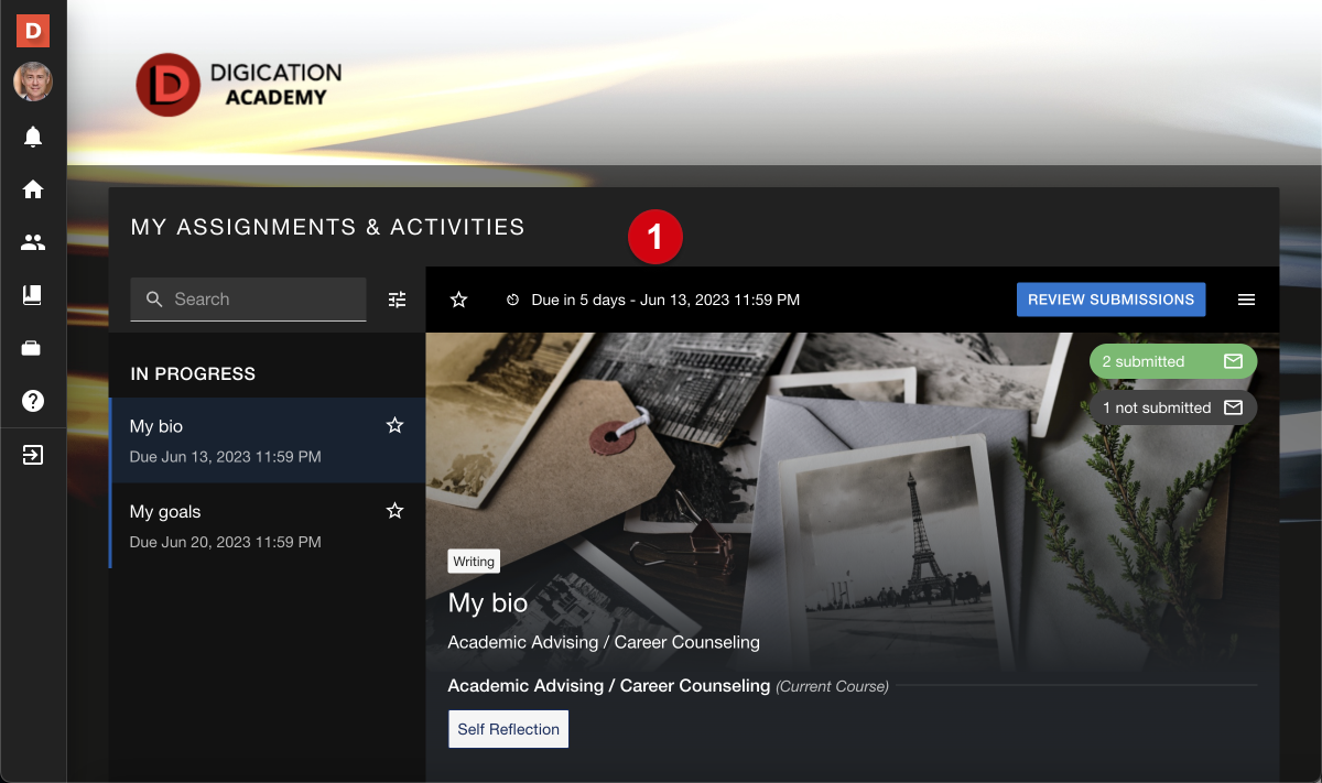The Digication dashboard, with a numerical guide, 1, marking 'My assignments and activities.'