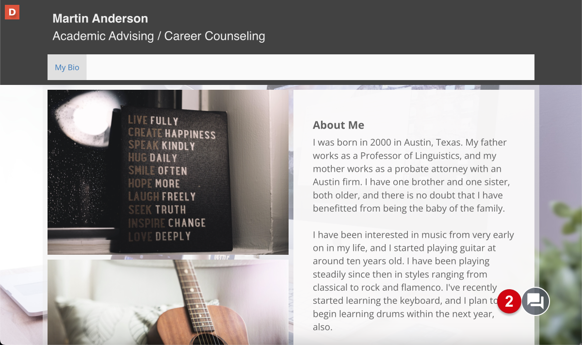 An ePortfolio page, with a numerical guide, 2, marking 'Conversations'.