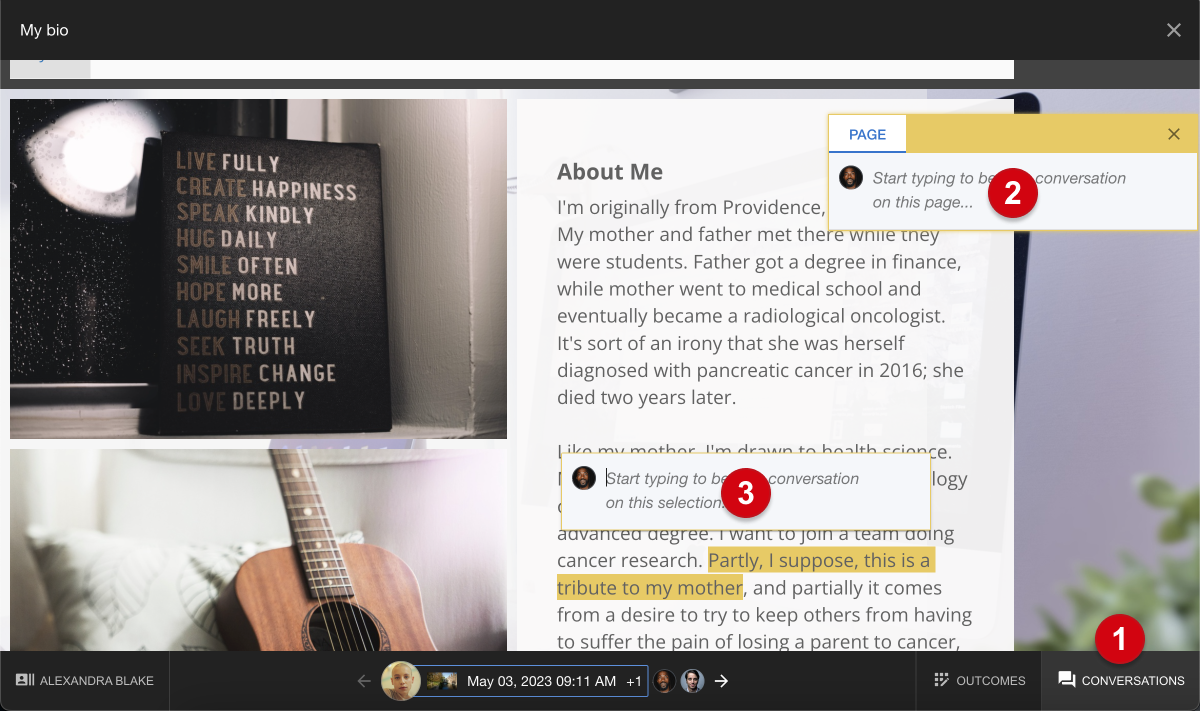 The Digication submission review page, with 'conversations' selected; numerical guides mark the following: 1: 'conversations'; 2: the space for entering a comment about the entire page; 3: the space for entering a comment about a selected piece of text.