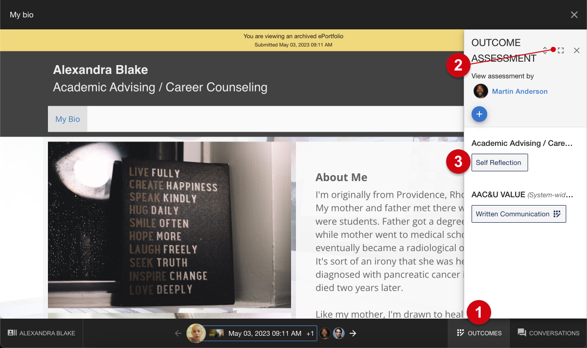 The Digication submission review page, with a minimized version of the 'outcome assessment' panel open; 1: 'outcomes'; 2: 'toggle expanded'; 3, an outcome