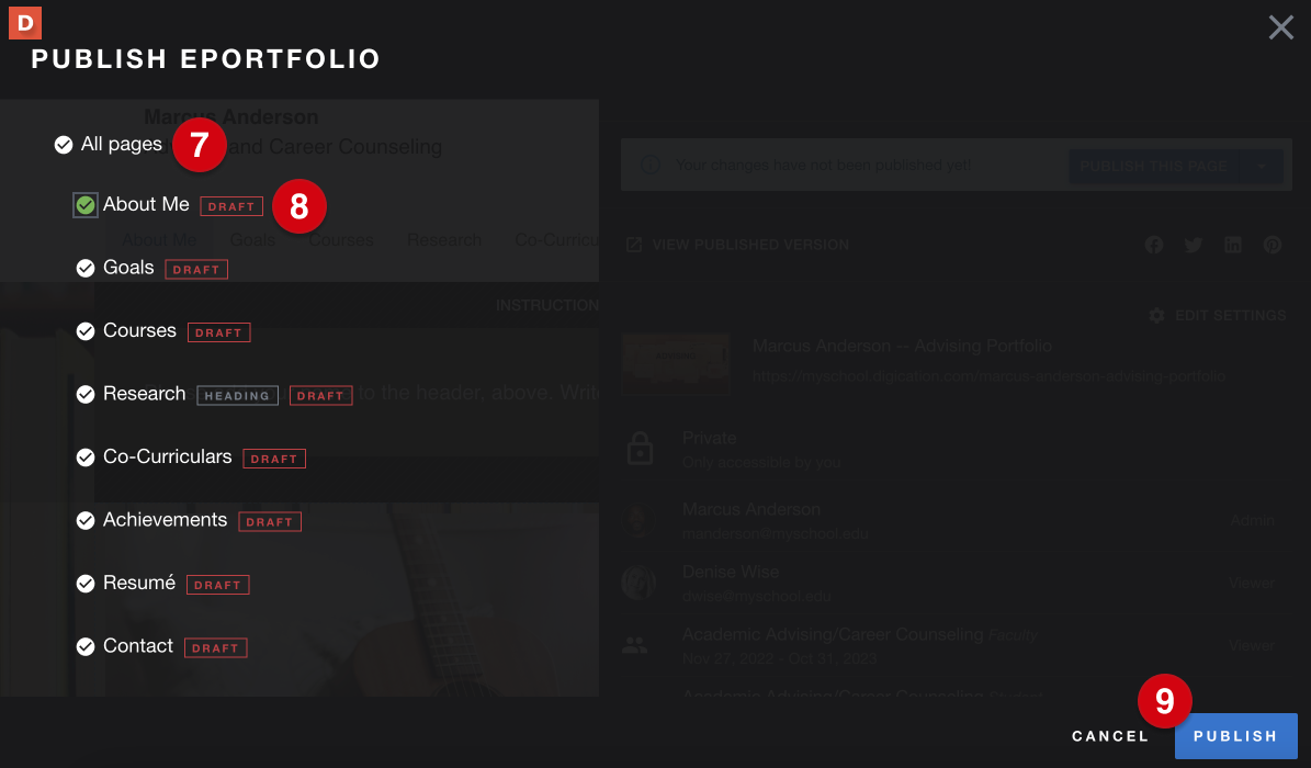 the 'publish eportfolio' page, with numerical guides marking the following: 7, 'all pages'; 8, a single page; 9, 'publish'