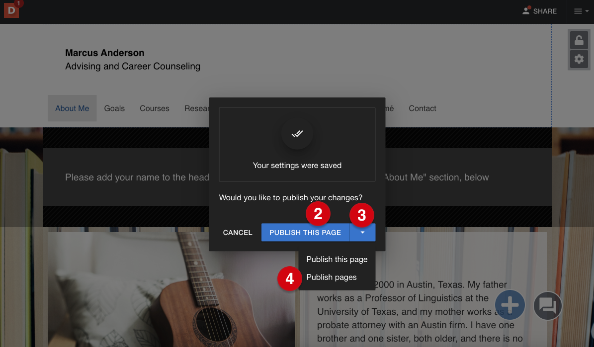 The settings confirmation message, with numerical guides marking the following: 2, 'publish this page'; 3, the arrow to be clicked to view other publish options; 4, 'publish pages'