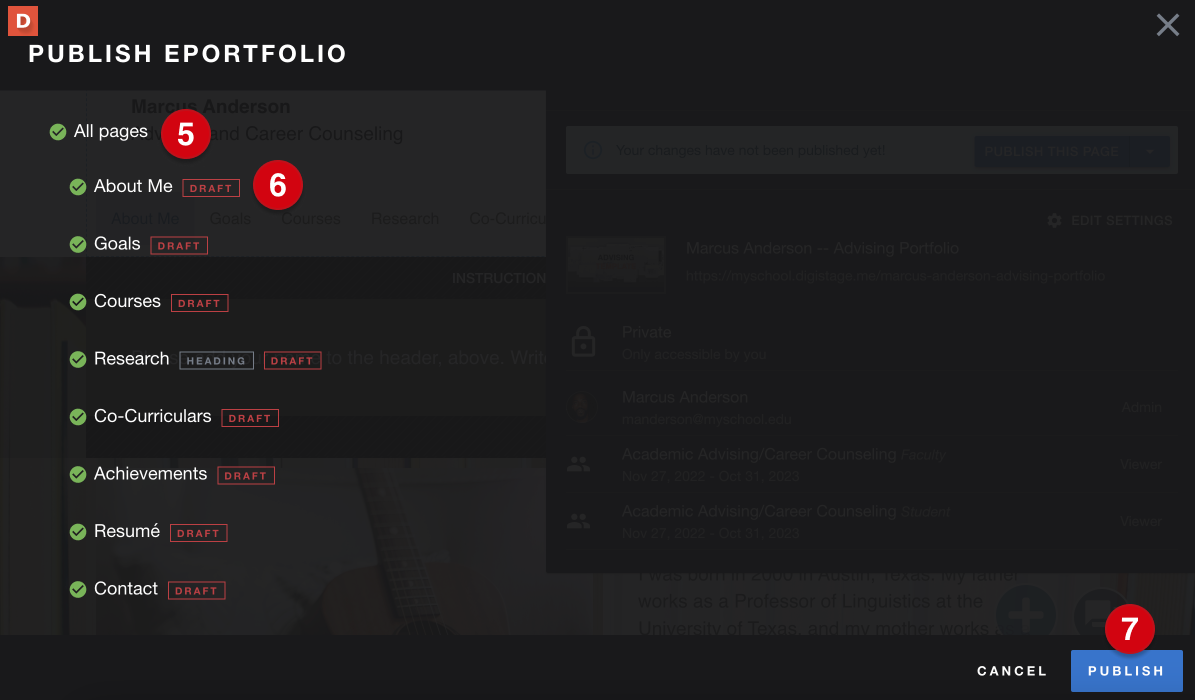 The 'publish eportfolio' page, with numerical guides marking the following: 5, 'all pages'; 6, an individual page; 7, 'publish'