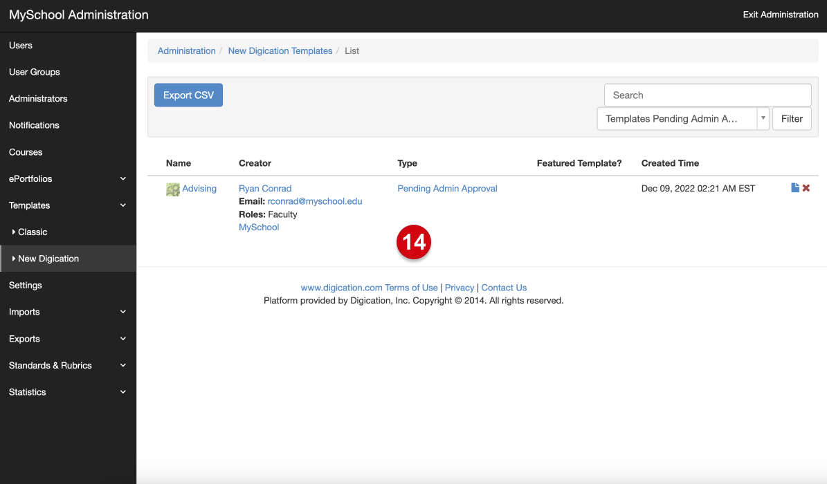 a filtered version of new digication templates, showing only templates requiring admin approval