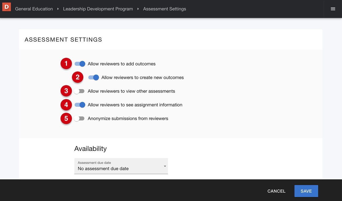 reviewer permission settings with numerical guide, 1, Allow reviewers to add outcomes, numerical guide, 2, Allow reviewers to create new outcomes, numerical guide, 3, Allow reviewers to view other assessments, numerical guide, 4, Allow reviewers to see assignment information, 
numerical guide, 5, Anonymize submissions from reviewers, 