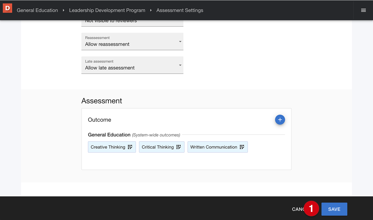 assessment settings with selected outcomes and numerical guide, 1, marking Save button