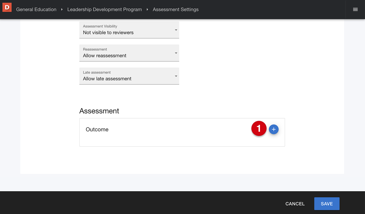 Assessment section with numerical guide, 1, marking Add Outcomes button