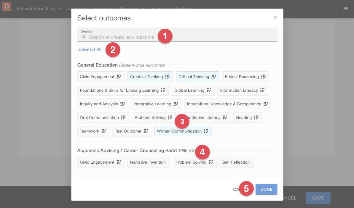 Select outcomes window with numerical guide, 1, marking Search or create new outcomes text field, 2, marking Deselect All, numerical guide, 3, marking highlighted selected outcome, numerical guide, 4, marking associated rubric icon, 
numerical guide, 5, marking Done button