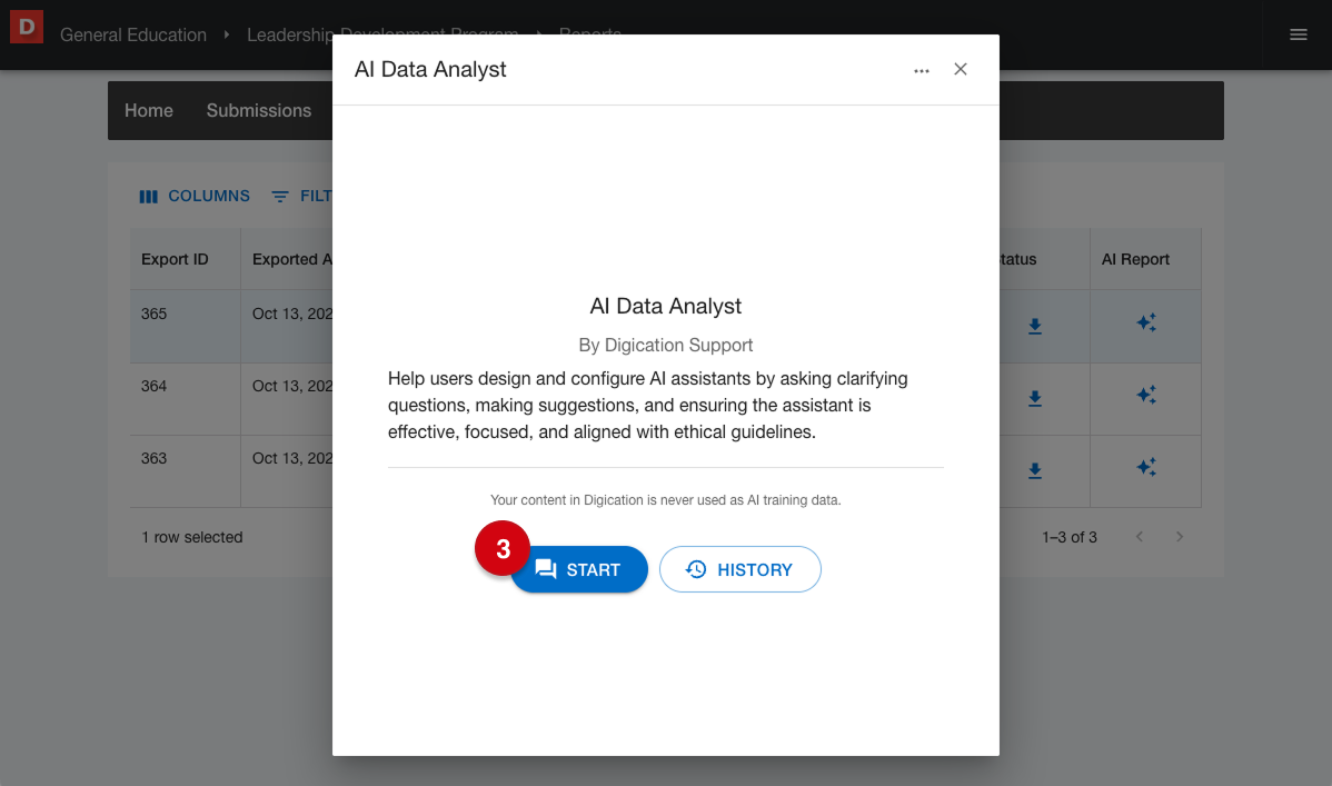 Reports page displaying a table of generated reports overlaid with the AI Data Analyst window marked with number guide 3