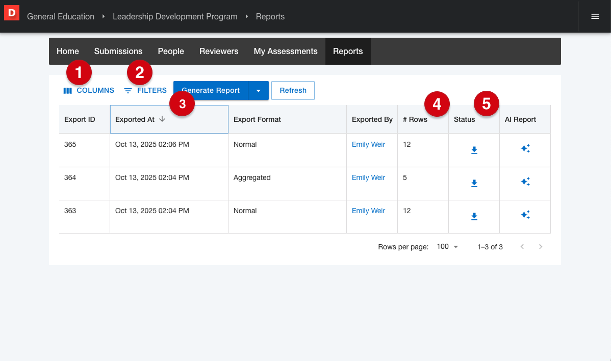 Reports page displaying a table of generated reports marked with number guides 1-5