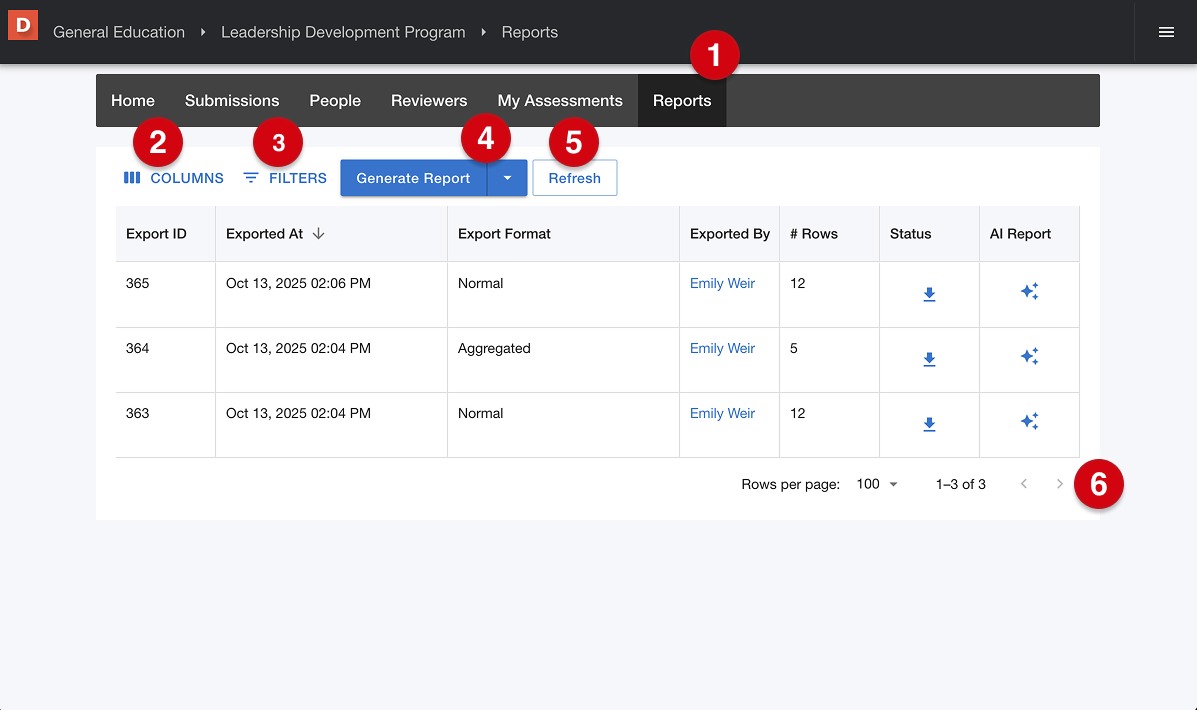 Reports page displaying a table of generated reports marked with number guides 1-6