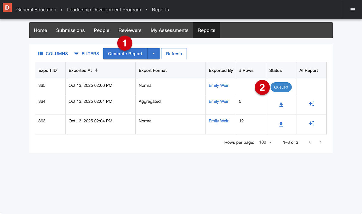 Reports page displaying table of generated reports marked with number guides 1 and 2