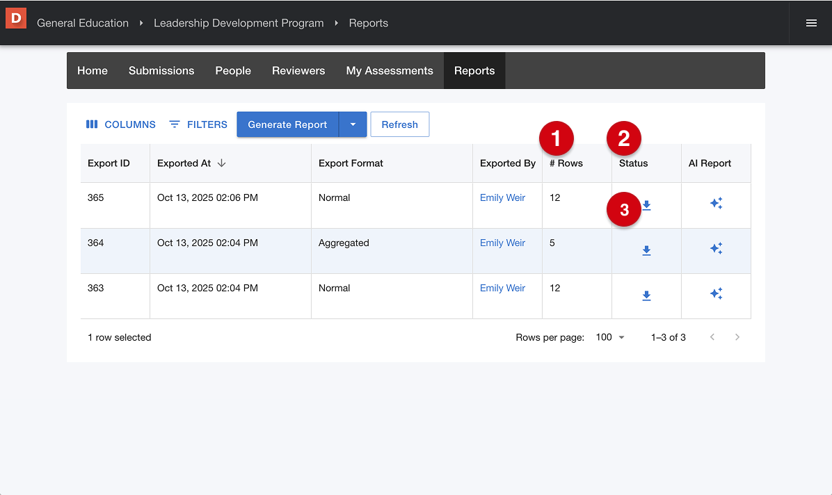 Reports page displaying a table of generated reports marked with number guides 1-3