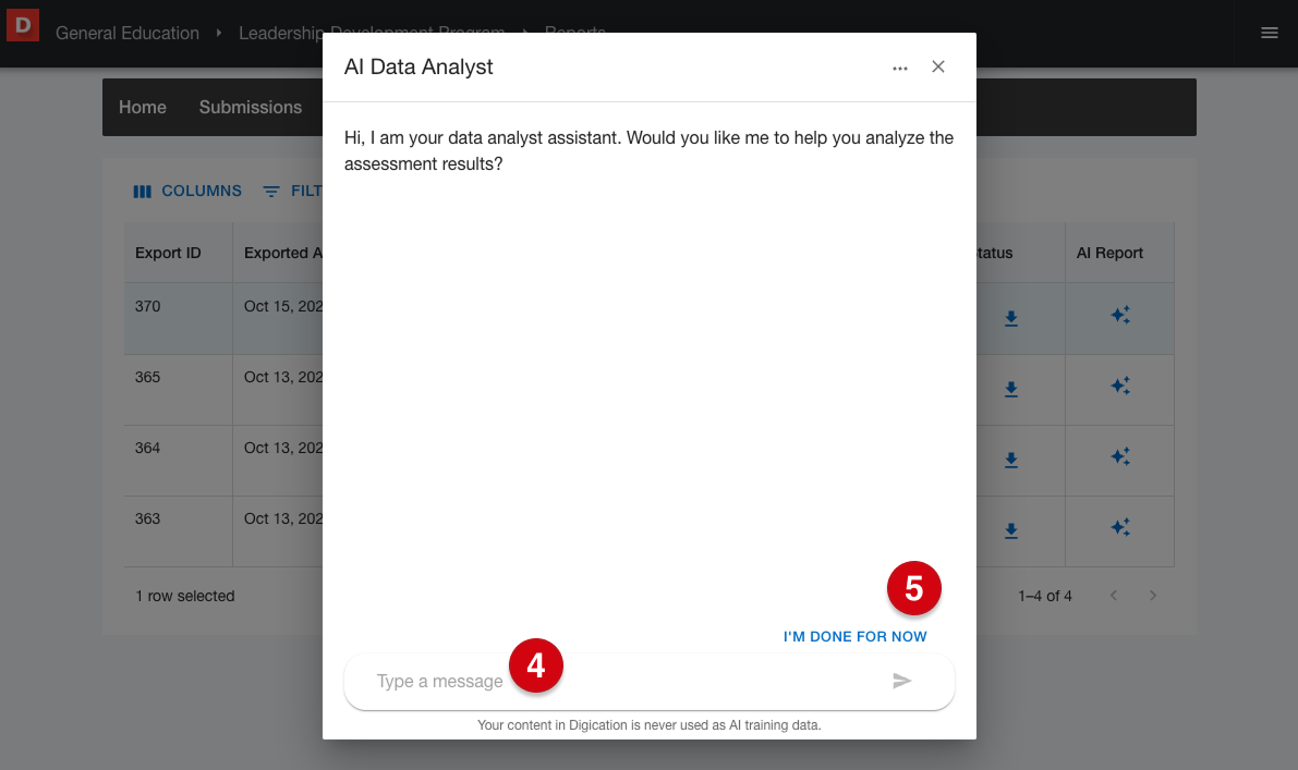 Reports page displaying a table of generated reports overlaid with the AI Data Analyst window marked with number guides 4 and 5