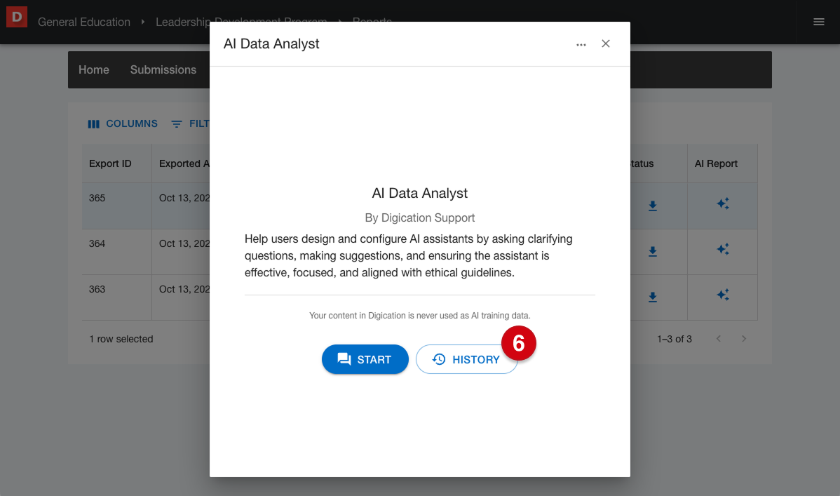 Reports page displaying a table of generated reports overlaid with the AI Data Analyst window marked with number guide 6