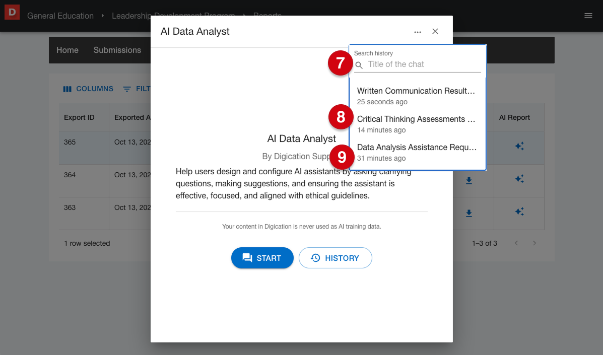 Reports page displaying a table of generated reports overlaid with the AI Data Analyst window showing a chat history marked with number guides 7-9