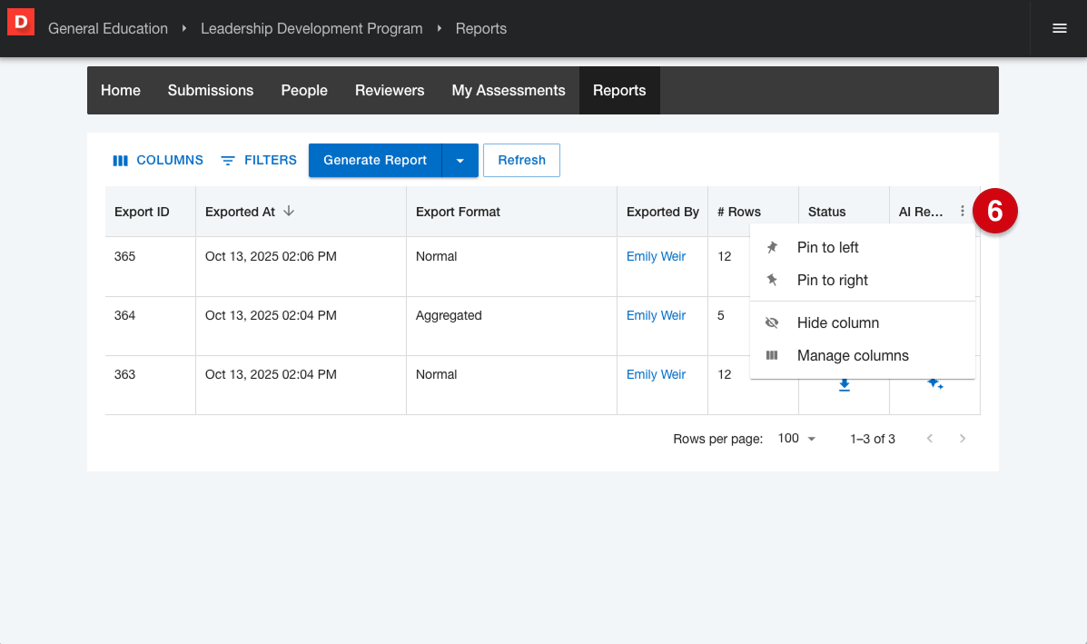 Reports page displaying a table of generated reports and the header menu of a column marked with number guide 6