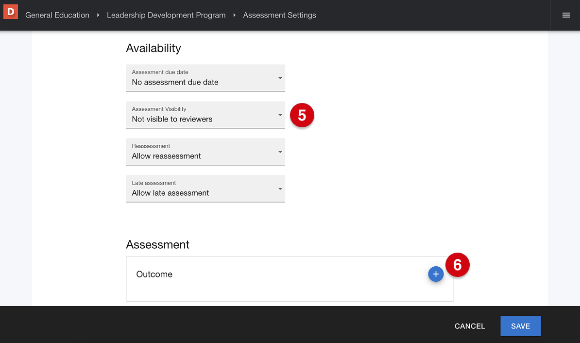 Program Assessment settings page marked with number guides 5 and 6