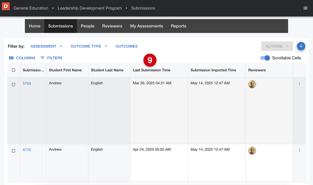 Program submissions page with table of imported submissions marked with number guide 9