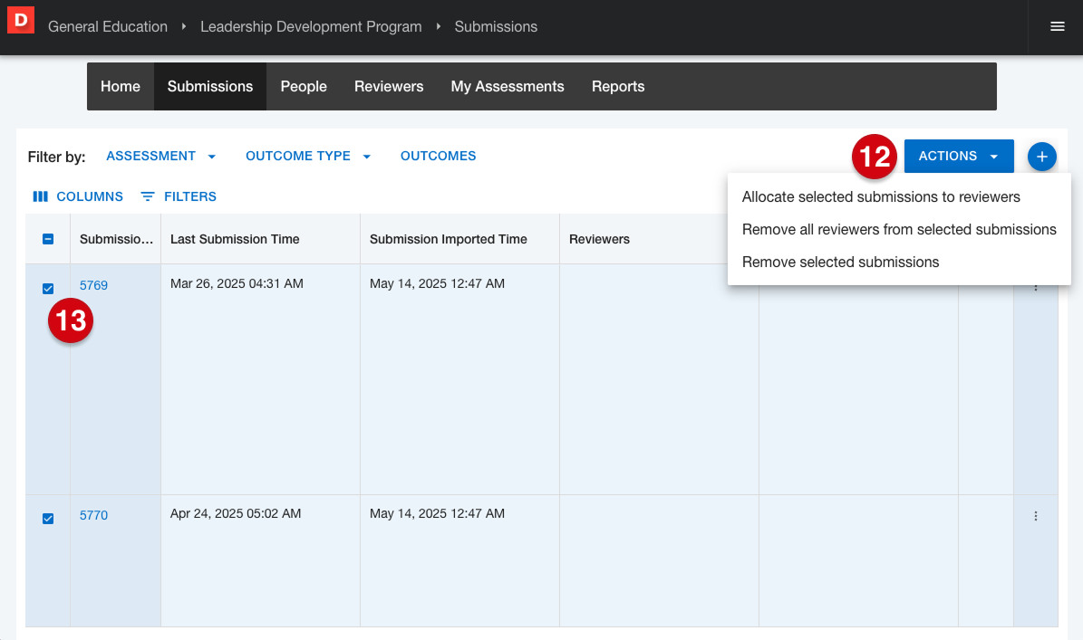 Program submissions page with table of imported submissions marked with number guides 12 and 13