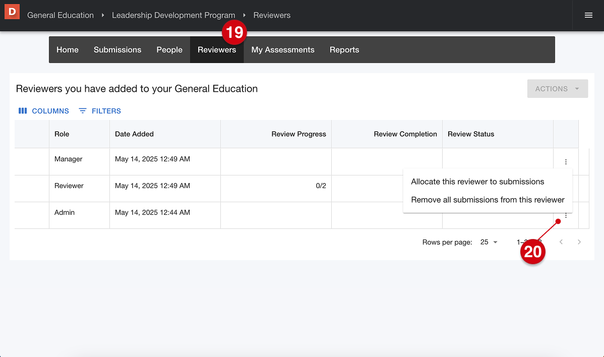 Program reviewers page marked with number guides 19 and 20