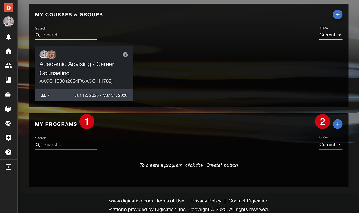 Dashboard showing My Programs section marked with number guides 1 and 2
