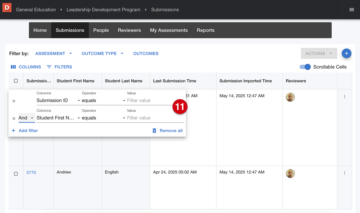 Program submissions page with table of imported submissions and filter window marked with number guide 11